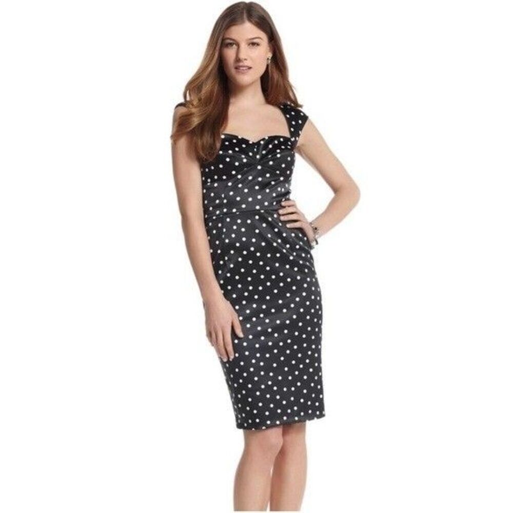 WHBM Satiny Polka Dot Dress 10 Black White Pinup Bodycon Knee Length Classic